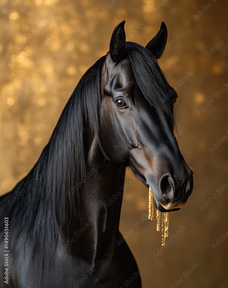 Fototapeta premium Elegant Black Horse Portrait with Golden Background Accents
