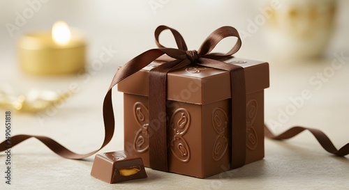 A chocolate gift box with a ribbon and a piece of chocolate nearby it