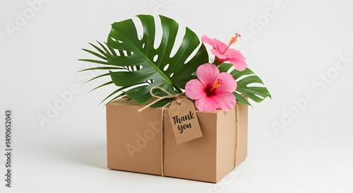 A gift box with thank you tag decorated with flowers and a monstera leaf