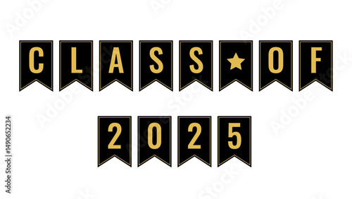 Class of 2025. Garland of flags for graduation ceremony. Congratulations to graduates typography poster. Vector template.