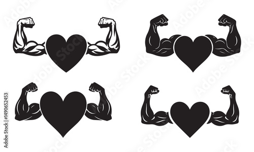 Strong Heart Vector Set – Muscle Arm and Heart Symbol Logos for Fitness, Gym, Love, and Motivation Concepts

