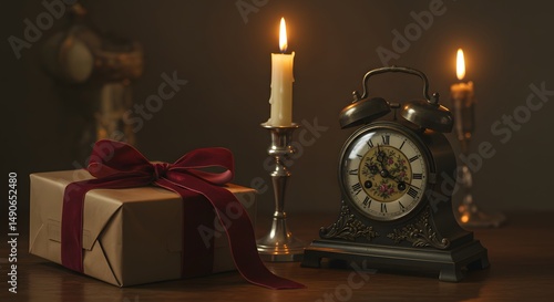 Still life with gift box, clock, and candles creating a warm ambiance