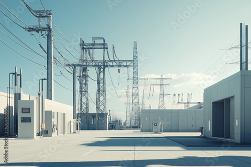 A clean and organized outdoor power substation with steel structures, high-voltage lines, transformers, and smart sensors, set against a clear blue sky