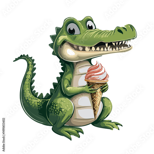 Cute vintage cartoon mascot character crocodile in 1950s screen print style, holding a melting ice cream cone.