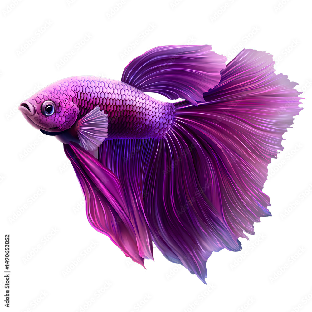 Fototapeta premium Elegant Purple Betta Fish with Flowing Fins on TransparentBackground