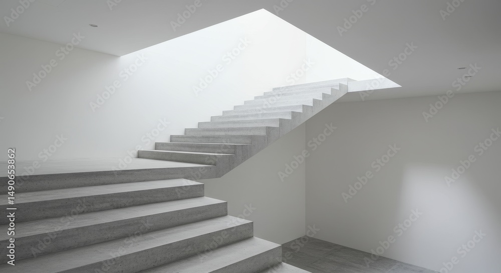 Fototapeta premium Modern Minimalist Staircase Design - Sleek, minimalist concrete staircase in a modern, bright interior space. Clean lines and simple design