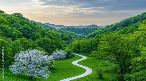 Scenic winding road through lush green valley with blooming trees and distant mountains