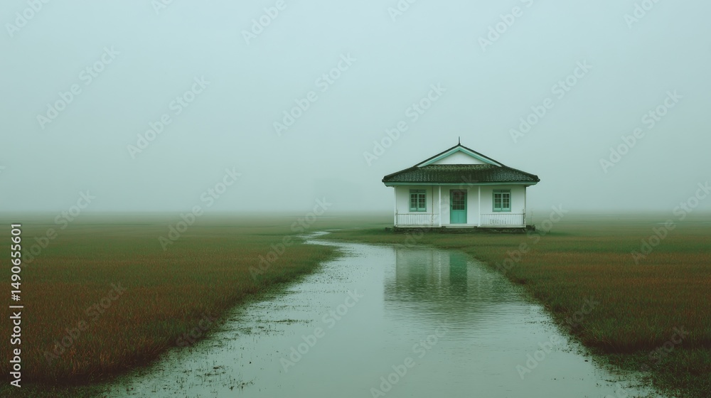 Fototapeta premium Solitary House Amidst Foggy Wetlands with Serene Reflection Pathway