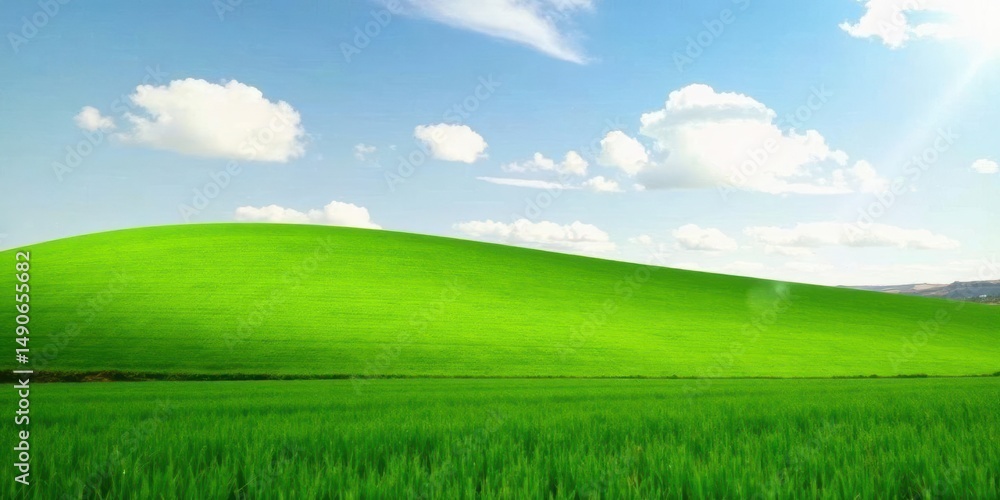 Fototapeta premium Serene Vista of Rolling Green Hills Under a Bright Sky with Puffy White Clouds