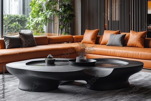 Modern black abstract coffee table with solid wood top and clean lines in stylish living room, featuring natural light and soft lighting on carpeted floor.