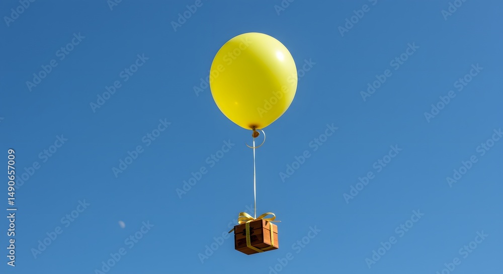 Obraz premium Yellow balloon carrying a small gift box in the blue sky outdoors view