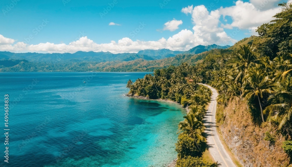 Fototapeta premium Tropical coastline road, turquoise water, lush greenery