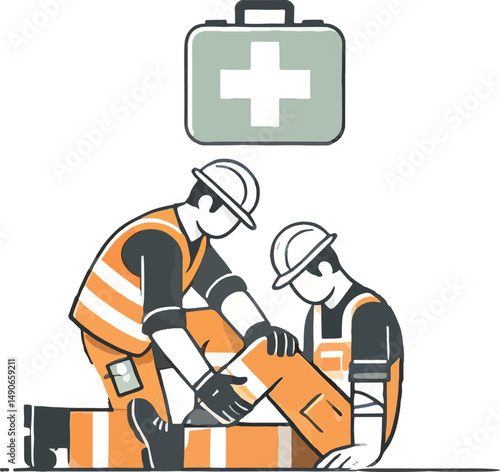 Construction workers providing first aid assistance to an injured colleague near a first aid kit