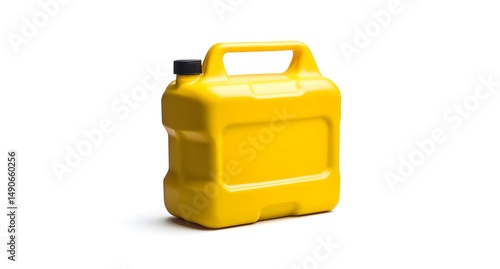A yellow plastic jerry can canister isolated on a white background.