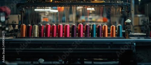 Spools of thread on embroidery machine in garment industry are vibrant and organized
