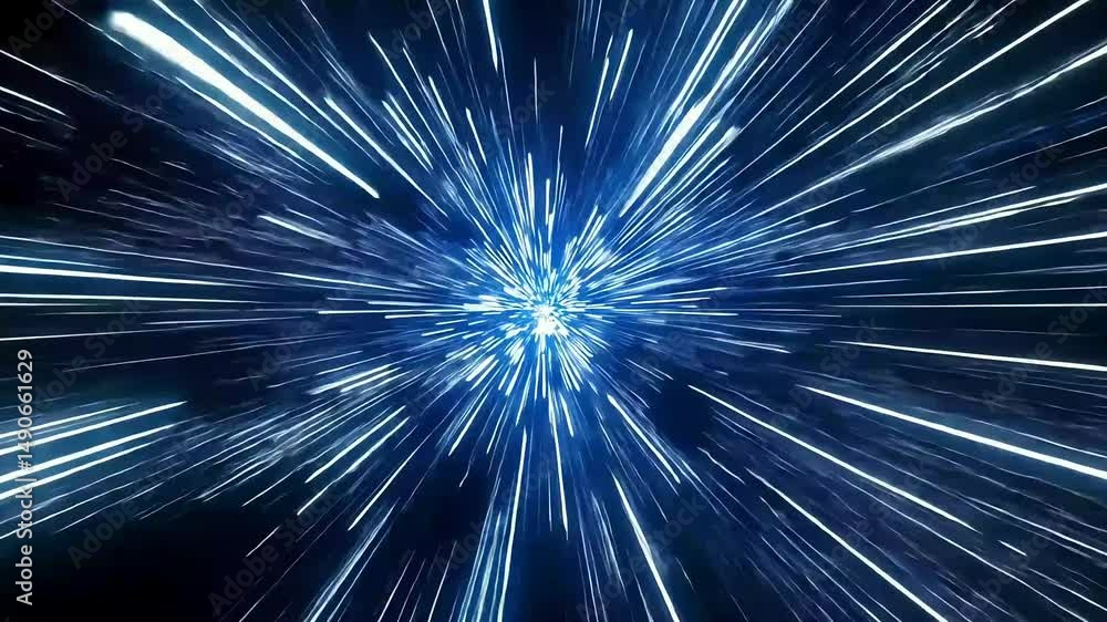 Abstract blue and white streaks of light burst from a central point against a black background Abstract blue and white streaks of light burst from a central point against a black background