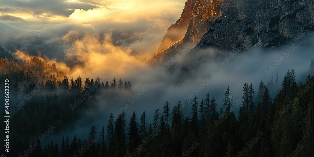 Fototapeta premium Ethereal Dolomites Sunset: Abstract Commercial Background for Automotive Advertising. Golden Light Bathes Misty Peaks, Foggy Forests Below. Dreamy Italian Mountain Landscape Creates Mystical Atmospher