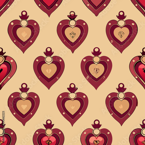 Symmetrical heart locket seamless vector pattern in warm colors  