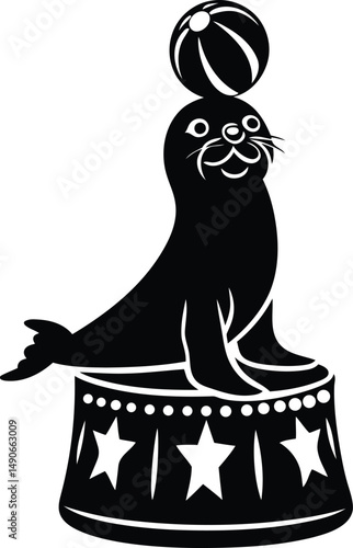 A cute seal balancing a ball and sitting a circus pedestal line art vector graphics design, seal balancing a ball and sitting a circus pedestal silhouette vector illustration design