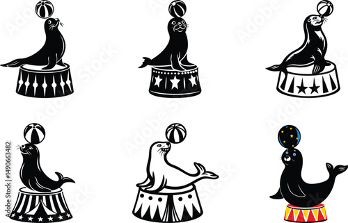A cute seal balancing a ball and sitting a circus pedestal line art vector graphics design, seal balancing a ball and sitting a circus pedestal silhouette vector illustration design set