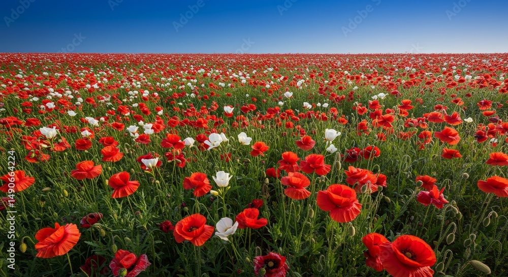 Obraz premium Red and White Poppies Field Under Blue Sky - Serene landscape of red and white poppies blooming in a vast field under a clear blue sky. Symbolizing beauty, peace, remembrance, hope