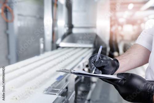 Obraz na plátně Confectionery production line inspection by female caucasian technologist ensuri