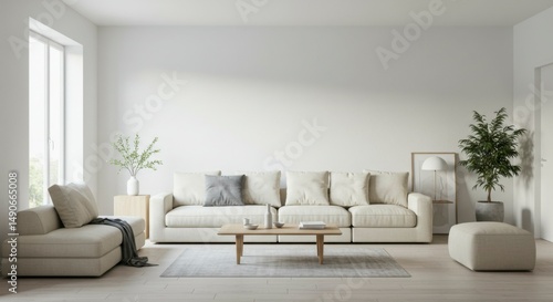 Minimalist living room with light beige and neutral tones