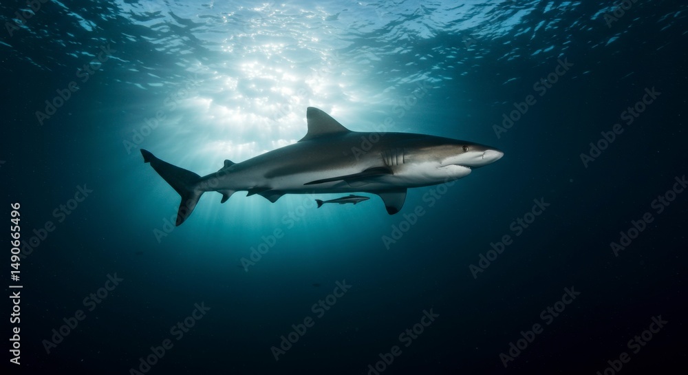 Obraz premium Shark in deep ocean. Sunlight beams through water