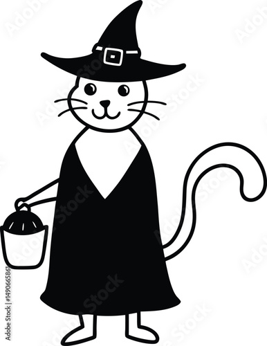 Cute Witch Cat Dressed for Halloween Trick-or-Treating – Coloring Page for Kids