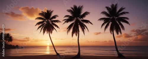 Silhouetted palm trees at sunset, tropical beach scene,  coast,  fronds