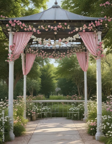 Elegant pink and white floral bunting hangs from a metal gazebo in a scenic outdoor setting , pretty, background