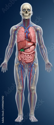 Anatomical Human Body Illustration of Skeleton and Organs