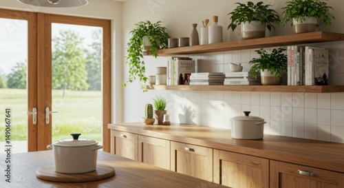 Modern kitchen with open view.  Sunlight streams through double doors onto wooden shelves with plants and books