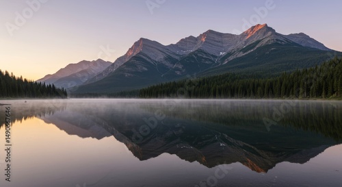 Serene Mountain Lake Reflection at Dawn - Peaceful sunrise landscape, showcasing a majestic mountain range perfectly mirrored in tranquil waters. Symbolizing serenity, reflection, nature's beauty