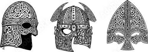 Three different ancient helmets are intricately designed in black and white artwork, depicting historical armor and craftsmanship great for graphic design elements.
