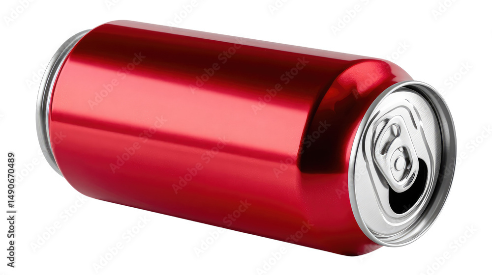 Crimson Can: A vibrant, metallic, single drink can rests in a close-up shot. The polished surface reflects light, highlighting its smooth texture and sleek form. Crimson Can: A vibrant, metallic, single drink can rests in a close-up shot. The polished surface reflects light, highlighting its smooth texture and sleek form.