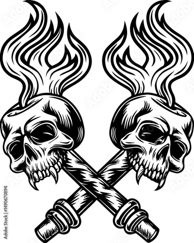 SVG of a flaming skull tattoo in dark art style. Dual Skulls with Flaming Torches in Monochrome Tattoo Style Design