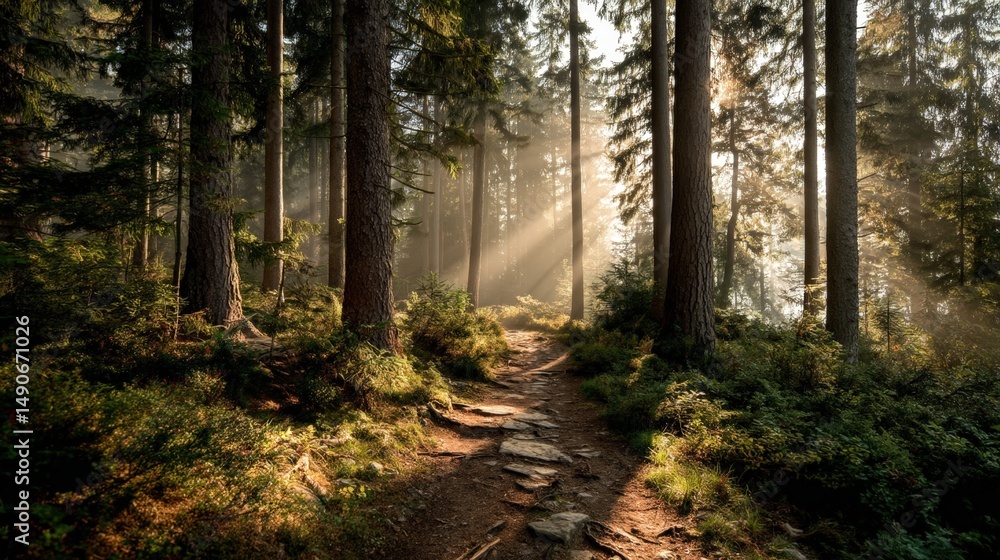 Obraz premium Sunbeams Illuminate a Misty Forest Path Serene Nature Trail in Woods