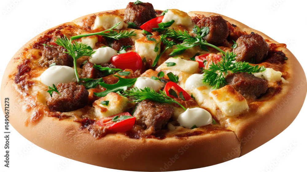 Gourmet Pizza with Meat and Cheese: A close-up shot of a delicious gourmet pizza topped with succulent meat, creamy cheese, and fresh herbs. The crust is golden brown and perfectly cooked. Gourmet Pizza with Meat and Cheese: A close-up shot of a delicious gourmet pizza topped with succulent meat, creamy cheese, and fresh herbs. The crust is golden brown and perfectly cooked.