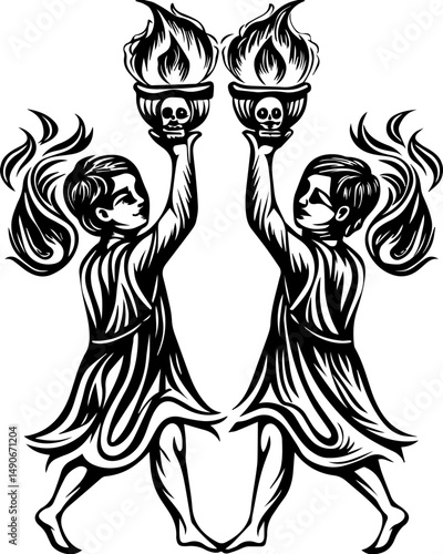 SVG of a flaming skull tattoo in dark art style. Twin Figures Holding Fiery Skulls in Artistic Black and White Design
