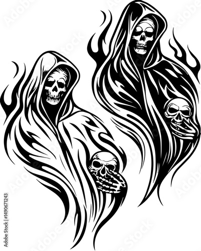 SVG of a flaming skull tattoo in dark art style. Grim Reaper Design with Skull Elements and Flames