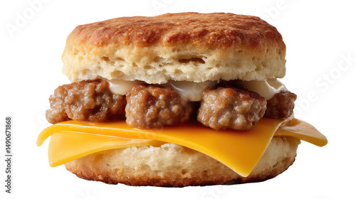 Delicious Breakfast Sandwich: Close-up of a savory breakfast sandwich, featuring a fluffy biscuit, savory sausage, creamy cheese, inviting taste buds, and is great for your breakfast needs.