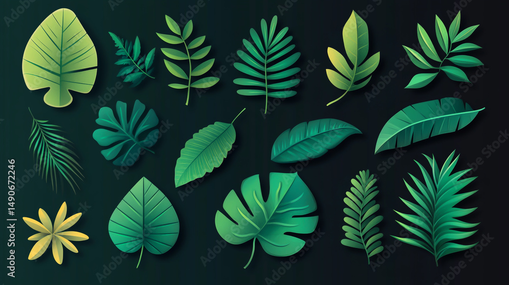 Fototapeta premium A set of vector illustrations with green leaves on a dark background.