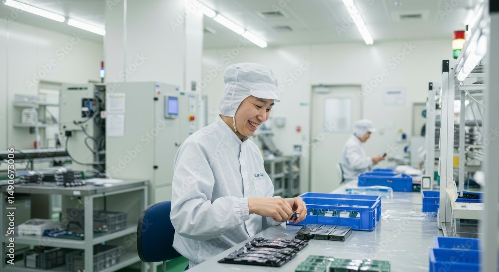 Naklejka premium Factory workers assembling electronic components