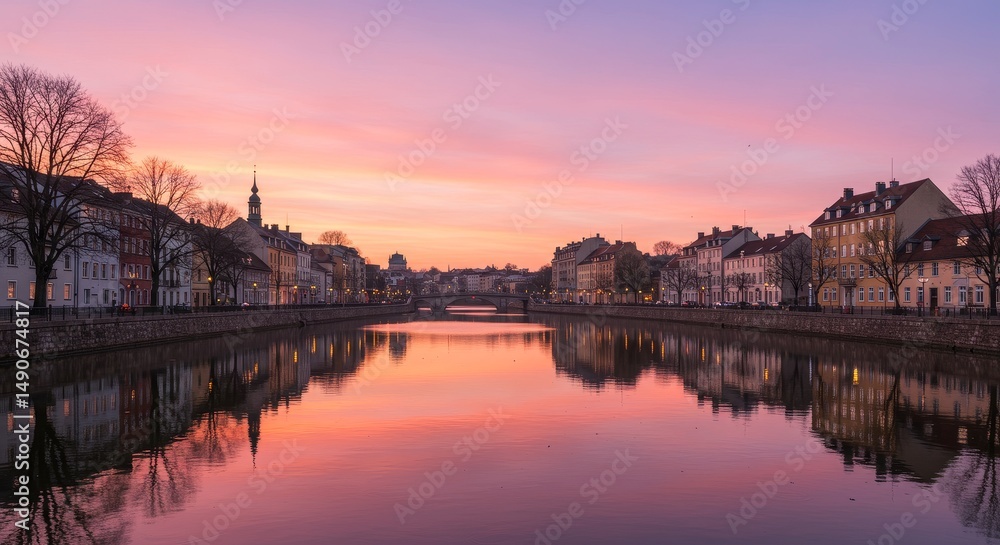 Obraz premium Sunrise Cityscape River Reflection - Peaceful sunrise over a city river, reflecting buildings and a vibrant sky. Symbolizing serenity, urban beauty, reflection, tranquility, and new beginnings