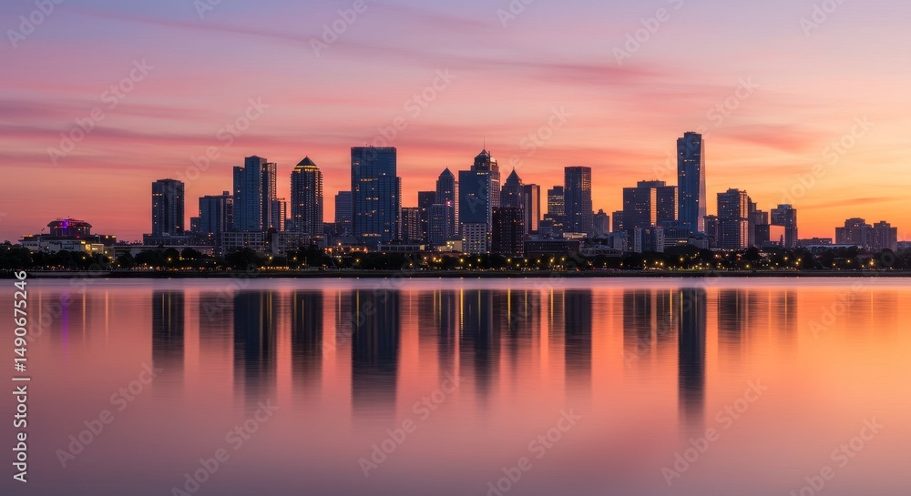 Obraz premium Sunset Cityscape Reflection - A serene cityscape at sunset, reflecting in calm water. Symbolizing peace, tranquility, urban beauty, reflection, and hope