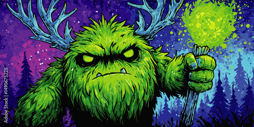 Green Furry Monster Vector Illustration with Blue Antlers Holding Magic Glowing Staff in Fantasy Forest Background for Gaming Design and Creative Mythical Artwork Projects