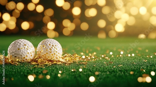 Golden Golf Balls on Green Festive Background