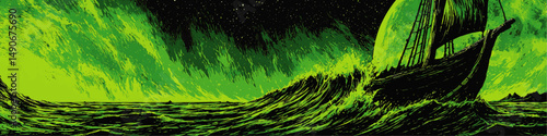Vibrant Green Vector Illustration of Sailing Ship Caught in Powerful Ocean Waves Under Dark Starry Sky Nautical Storm Adventure Scene Maritime Abstract Background