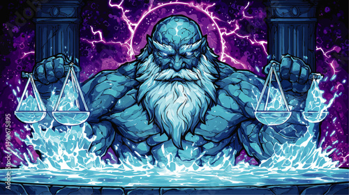 Mystical Vector Illustration of Powerful Cosmic God Holding Scales Representing Justice with Blue Lightning Aura Fantasy Mythology Art for Gaming and Tattoo Design
